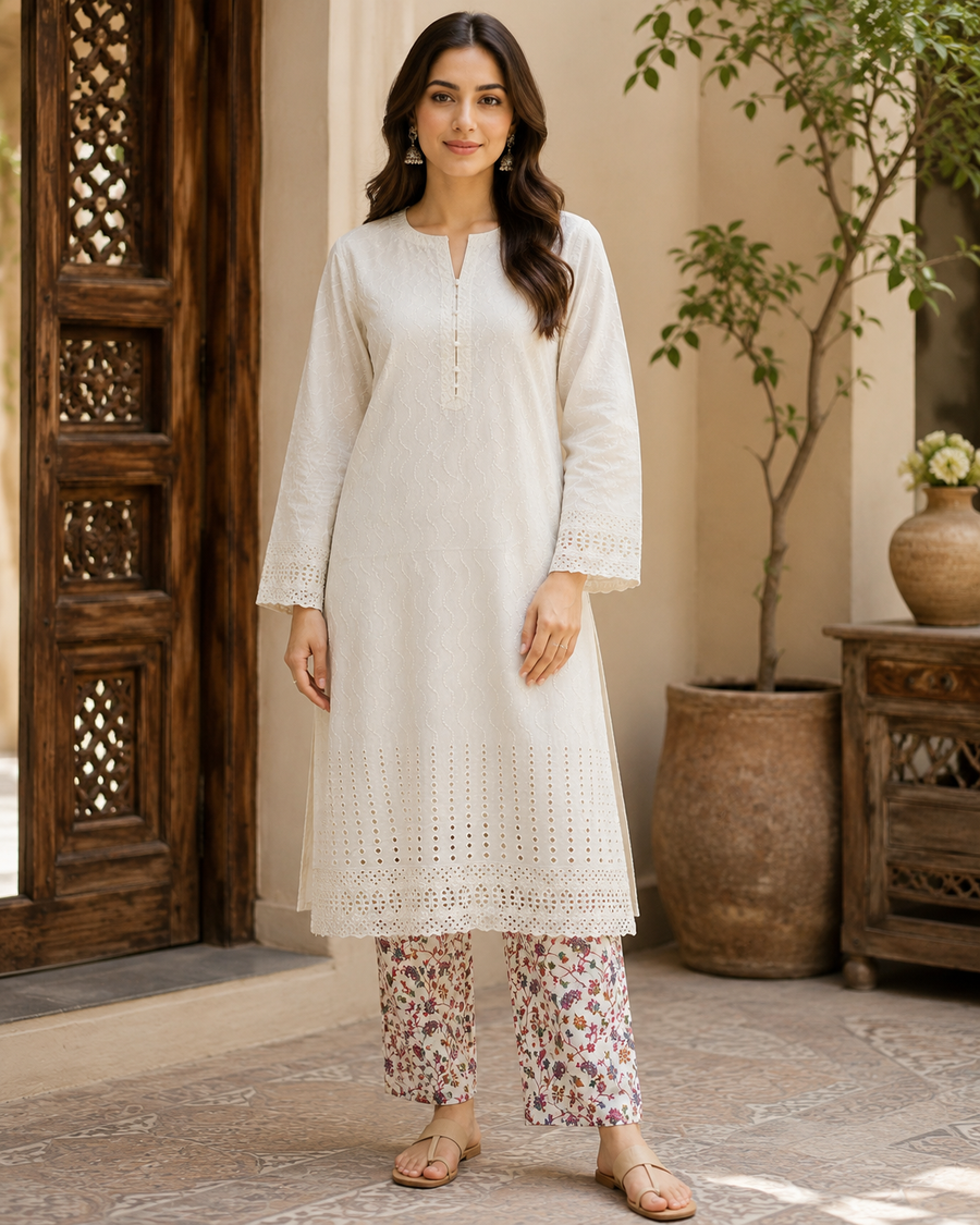 Ivory Paisley Bloom Chikankari Lawn 2 Piece Suit