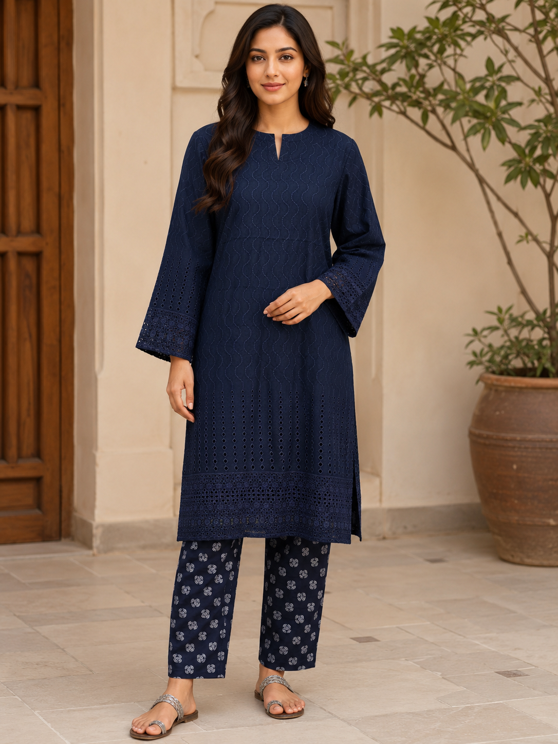 Deep Navy Blue Chikankari Lawn 2 Piece Suit