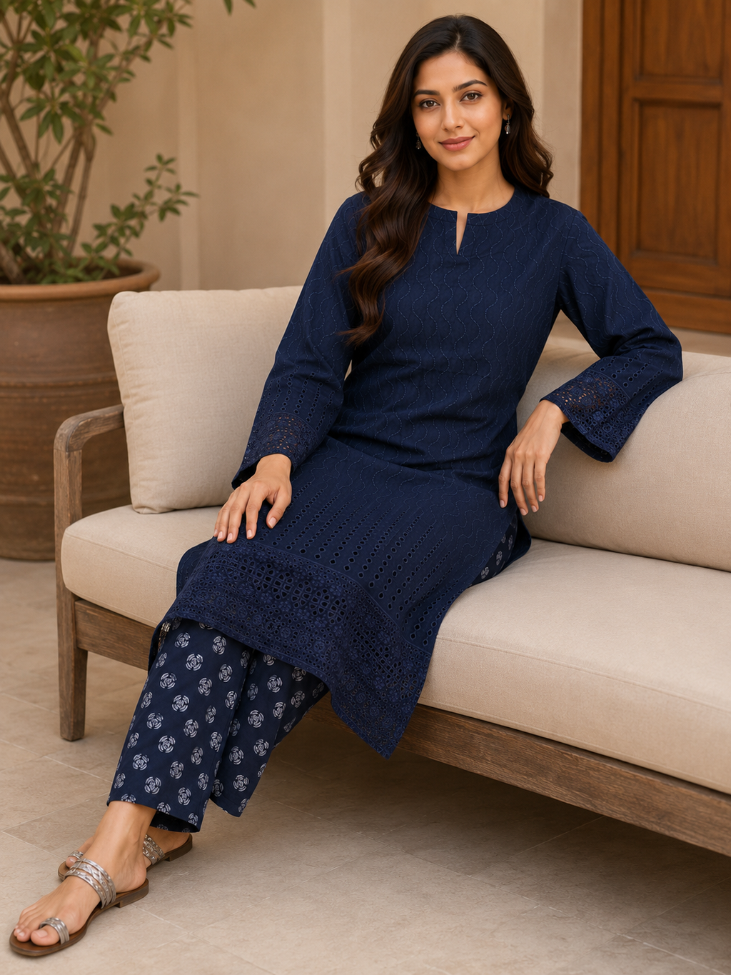 Deep Navy Blue Chikankari Lawn 2 Piece Suit