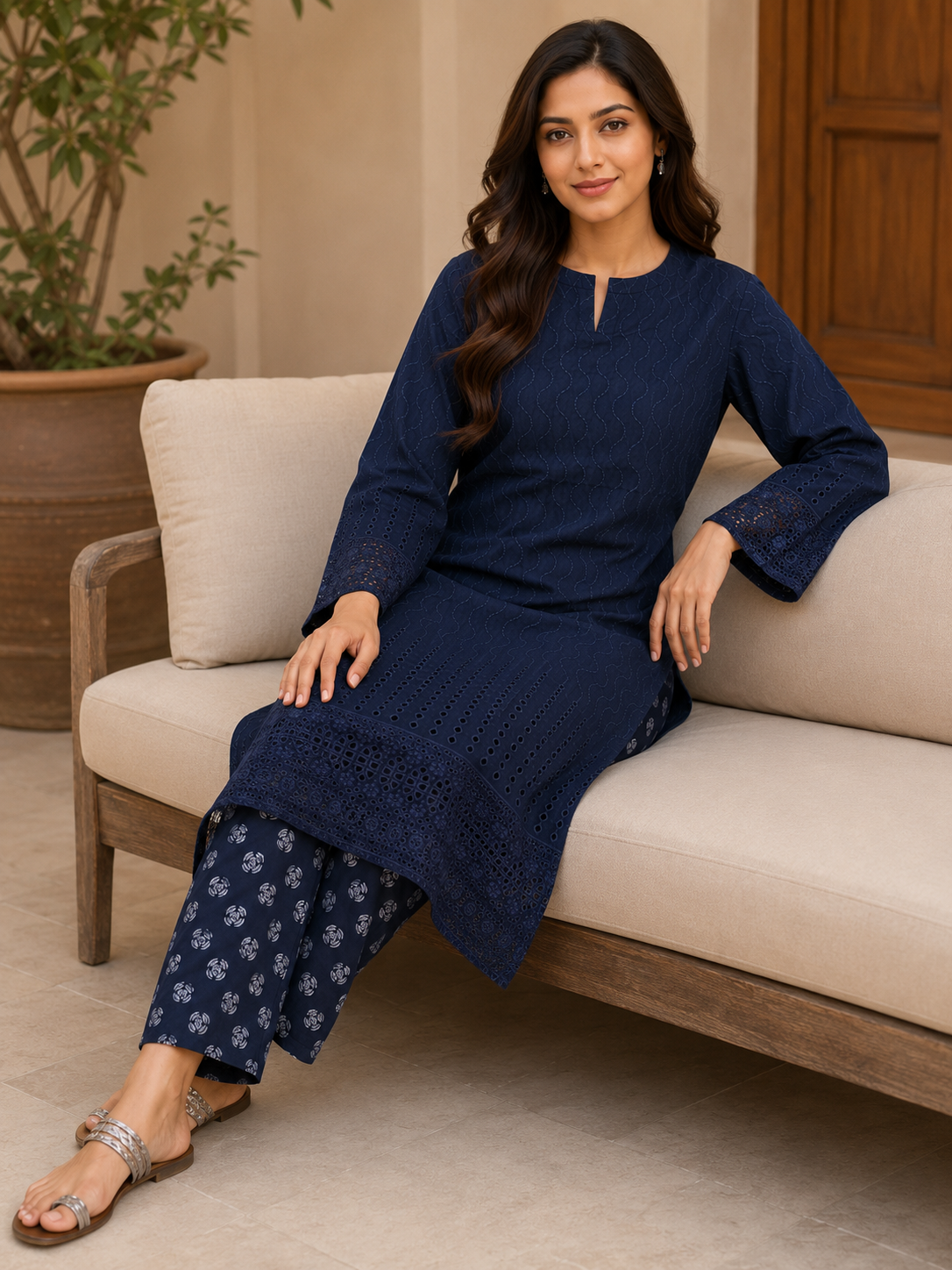 Deep Navy Blue Chikankari Lawn 2 Piece Suit