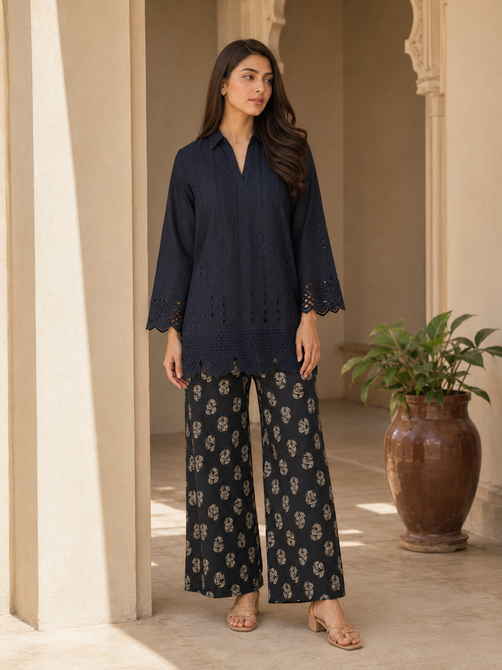 Navy Gold Bloom Chikankari Lawn 2 Piece Suit