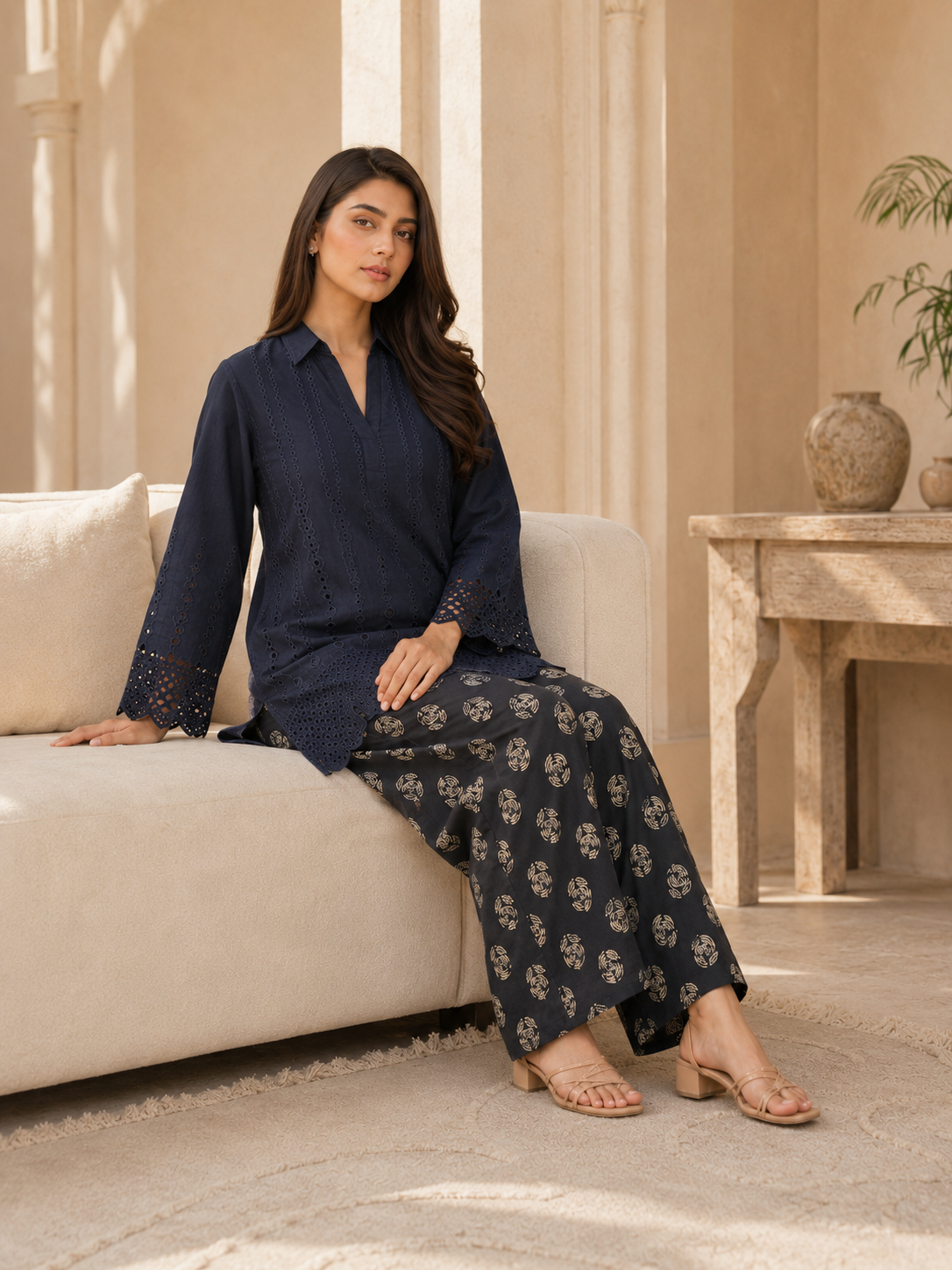 Navy Gold Bloom Chikankari Lawn 2 Piece Suit