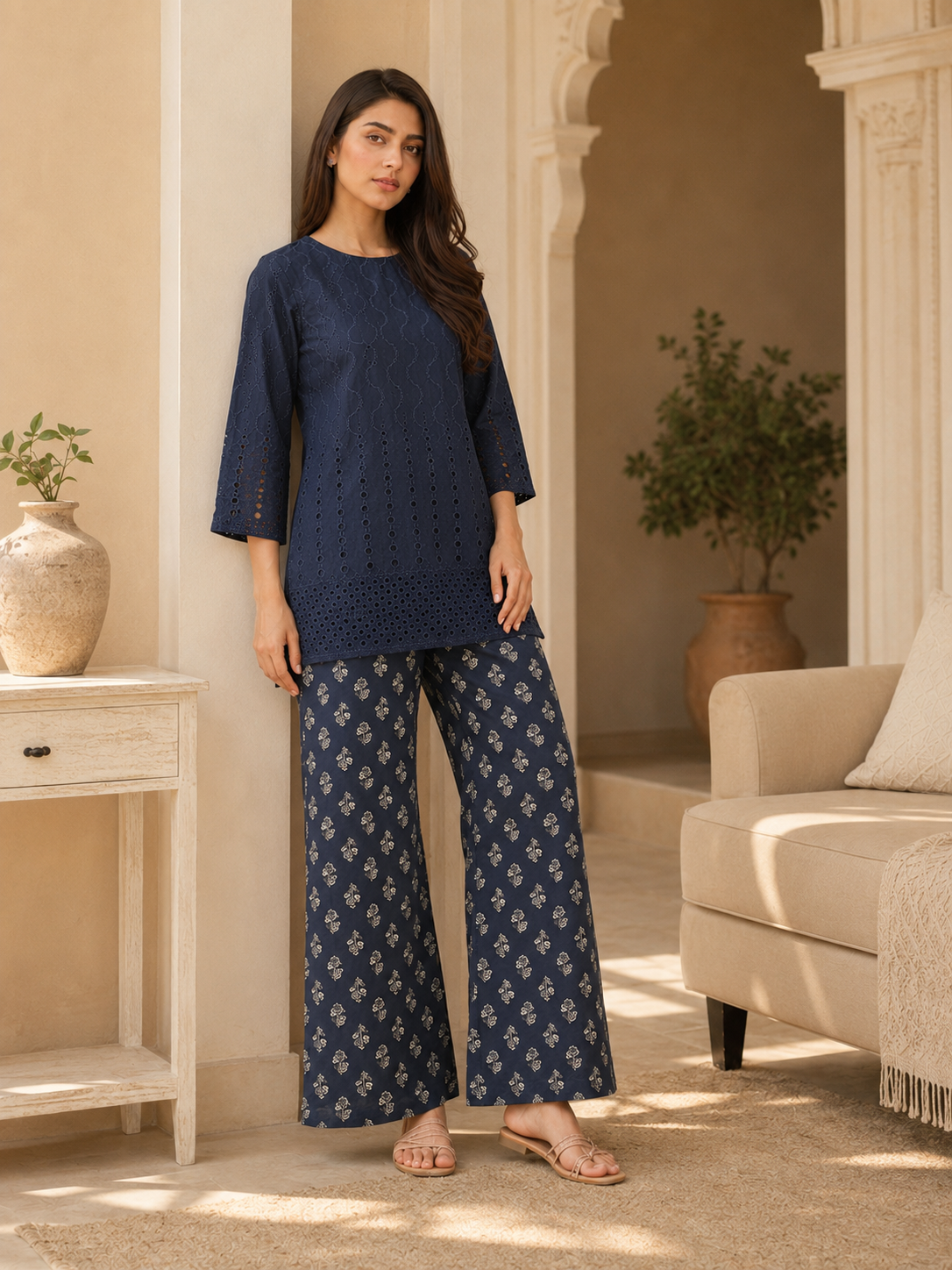 Navy Gold Bloom Chikankari Lawn 2 Piece Suit