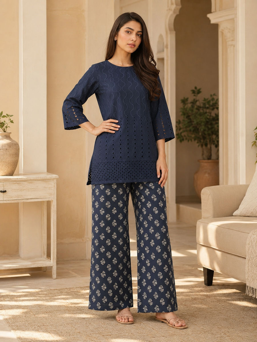 Navy Gold Bloom Chikankari Lawn 2 Piece Suit